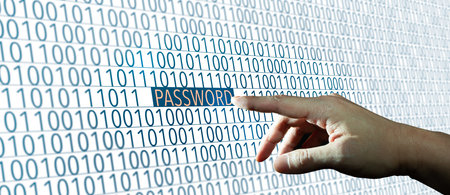 Hand on Password. Password with binary code. Cyber security and Password Hacker concept.