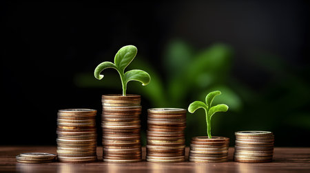 Plants growing on coins stack of money. Economic growth, save money, and financial investment Concept. Generative Ai.の素材