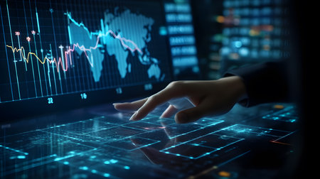 Businessman finger touch screen board, hud, virtual screen with stock market change. Business candlesticks graph chart. Growing numbers, Online trading, Investment risks profit Concept. Generative Ai.の素材