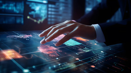 Businessman finger touch virtual screen for analysing data information. Future technology and Cyberspace Concept. Generative Ai.の素材