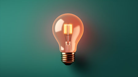 Red light bulb on green background. Bright idea concept. Generative Ai.の素材