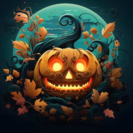 Cartoon spooky pumpkin with a happy face. Illustration of a spooky orange vegetable. Halloween Concept. Generative Ai.の素材