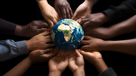 Group of human hand holding the earth globe. Earth conservation and Earth day Concept. Generative Ai.の素材