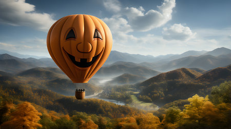 Pumpkin Hot air balloon floating in the sky and beautiful landscape. Happy Halloween Concept. Generative Ai.の素材