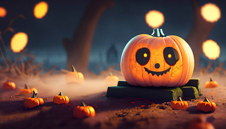 Pumpkin in the Graveyard in the spooky night. Halloween Concept. Cyber space. Generative Ai.の素材