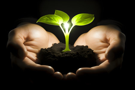 Plant growing seedling in hand. Bokeh green background on nature field grass forest. Environment Earth Day and Conservation Concept. Generative Ai.の素材