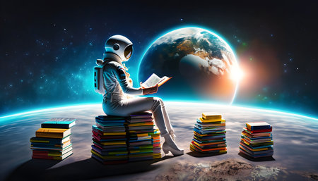 Astronaut reading a book in the space. Spaceman and the planet. Explore the space and Mixed media Concept. Generative Ai.の素材
