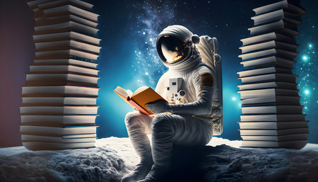 Astronaut reading a book in the space. Spaceman and the planet. Explore the space and Mixed media Concept. Generative Ai.の素材