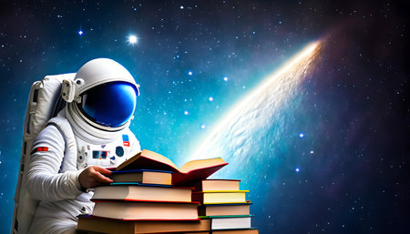 Astronaut reading a book in the space. Spaceman and the planet. Explore the space and Mixed media Concept. Generative Ai.の素材