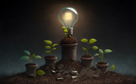 Energy saving light bulb and plant growing on stacks of coins with nature. Saving, Accounting, and Financial concept. Generative Ai.の素材