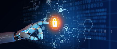 Ai Robot hand using Cyber Security Privacy, Information Privacy, and Data Protection to block a cyber attack. Network security system with Artificial Intelligence concept.の写真素材