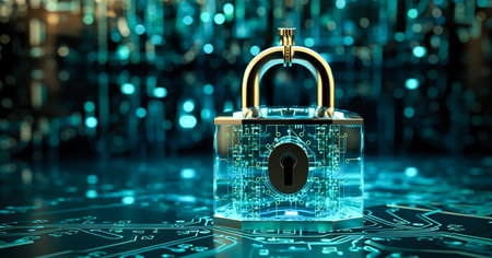 Padlock with Keyhole in data security on Converging point of circuit. Cyber security and information privacy. Technology security, Network protection, and Modern safety digital Concept. Generative ai.の素材