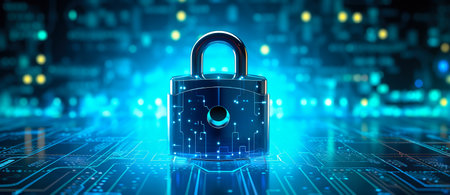 Padlock with Keyhole in data security on Converging point of circuit. Cyber security and information privacy. Technology security, Network protection, and Modern safety digital Concept. Generative ai.の素材