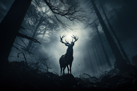 A reindeer in the jungle. Dramatic scene. Merry Christmas and Happy Holidays. Generative Ai.の素材