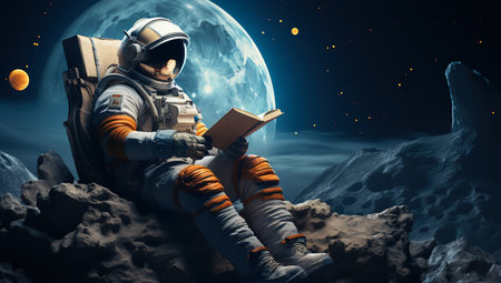 Astronaut reading a book in the space. Spaceman and the planet. Explore the space and Mixed media Concept. Generative Ai.の素材