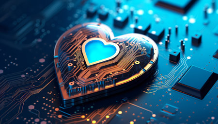 Electronic heart as central processing unit of love. Valentine day and AI Mind Concept. Generative Ai.の素材