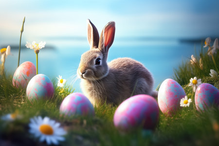 Cute Easter Bunny and Easter Eggs with green grasses and flower. Easter Day Concept. Generative Ai.の素材