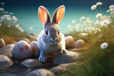 Cute Easter Bunny and Easter Eggs with green grasses and flower. Easter Day Concept. Generative Ai.の素材
