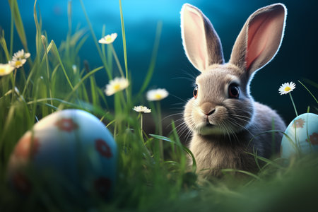 Cute Easter Bunny and Easter Eggs with green grasses and flower. Easter Day Concept. Generative Ai.の素材