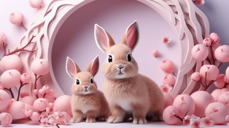 Cute Easter Bunny with Easter Eggs. Easter Day Concept. Generative Ai.の素材