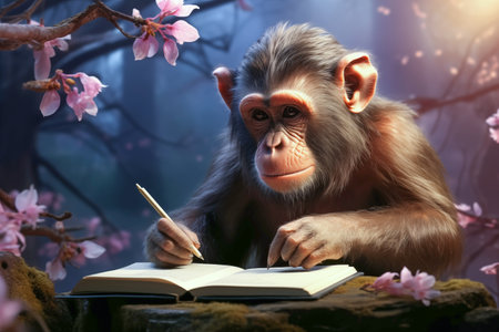 A clever monkey sits with a pen and writing in a book. Animal and wildlife concept. Generative AI.の素材
