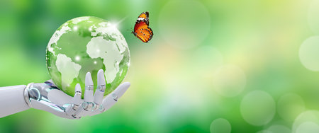 Globe crystal glass ball in robot hand with butterfly. Green background with bokeh. Artificial Intelligence, World mental health and World earth day. Saving environment and World Ecology Concept.の写真素材
