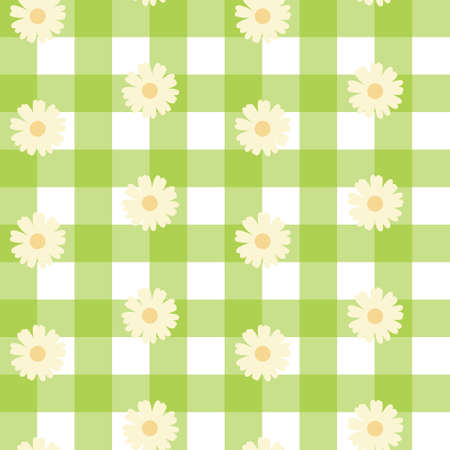 Daisy Seamless Pattern with Green Gingham Backgroundのイラスト素材