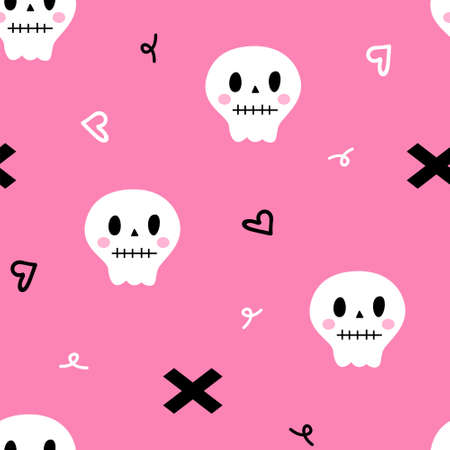 Cute Pink Skull Halloween Seamless Patternのイラスト素材