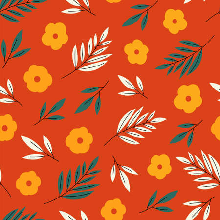 Cute Yellow Flowers & Leaves Seamless Pattern with Red Backgroundのイラスト素材