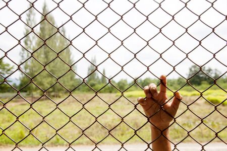 hand catch on wire rusty mesh and blur nature background