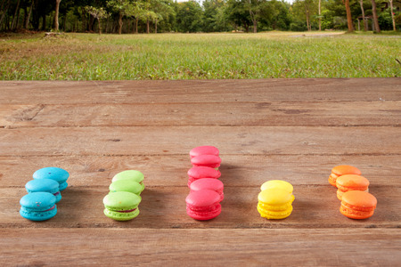 arranged in a bar graph colorful french Macaroon on wood in nature backgroundの写真素材