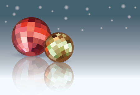 Red and yellow Christmas Balls on blue gradation white snowing background. Geometric polygonal Vector illustration.のイラスト素材