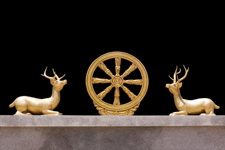 Wheel of Dhamma and deer squat symbol in the Buddhist. The symbol of enlightenment and to Buddhism. Isolated on black with work pathsの写真素材