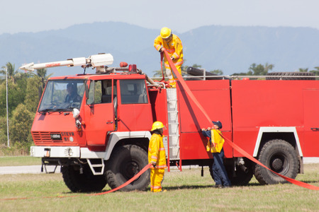 PRACHUAPKIRIKHAN, THAILAND - JAN 14, 2017: Firefighter in action show from Air Force in children's...