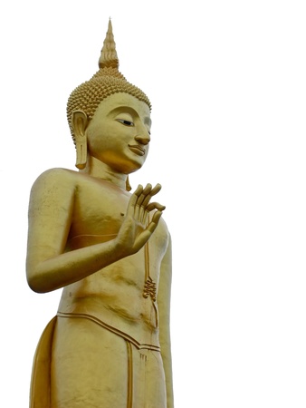 Big golden buddha statue side view in Hatyai, Thailand, isolated against white backgroundの写真素材