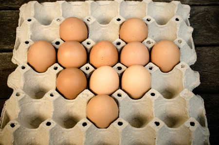 Eggs laid out on a tray on wooden backgroundの写真素材