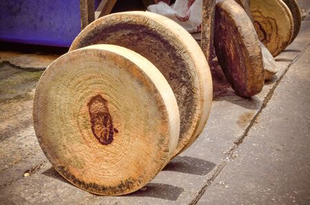 Old wooden cutting boards dried under the sun, Close up image