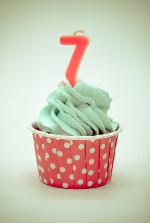 Retro color/ Chocolate Cupcakes with Candles 7 on White Background, Birthday or Anniversary Conceptの写真素材