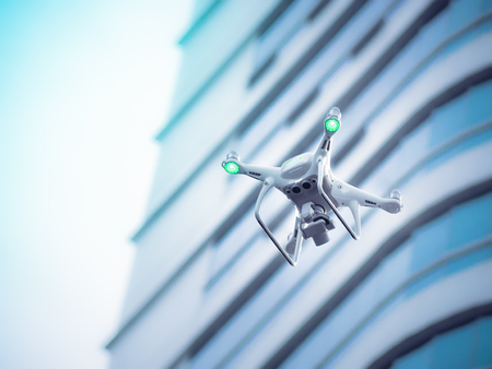 Drone with high resolution digital camera flying in the city.