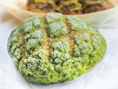 Selective focus of Japanese Green Tea Melon Bread, Japanese gourmet.の写真素材
