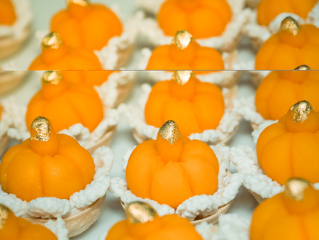 Kanom Jamongkut ; Thai sweet dessert made of yolk and sugar. Close up and Selective focus.の写真素材