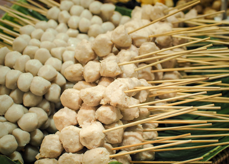 Boiled beef meatballs on skewers ready for sale.の写真素材