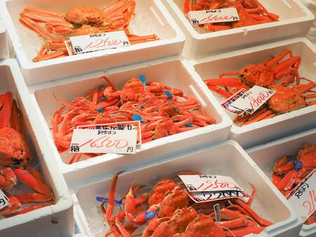 Kanazawa, Japan - March 12, 2019: Red King Crab (Taraba crab) or Alaska King Crab on ice for selling at Omicho Market.  Omicho is a large market and more than 200 years old in Kanazawa. Japanのeditorial素材