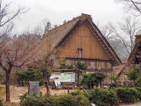 Shirakawa-go, Japan - March 11, 2019: Traditional gassho-zukuri house in shirakawa-go on a rainy day. Shirakawa-go is one of Japan`s World Heritage Sites located in Gifu Prefecture, Japan.のeditorial素材