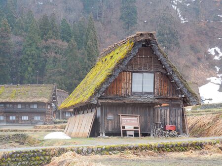 Shirakawa-go, Japan - March 11, 2019: Traditional gassho-zukuri house in shirakawa-go on a rainy day. Shirakawa-go is one of Japan`s World Heritage Sites located in Gifu Prefecture, Japan.のeditorial素材