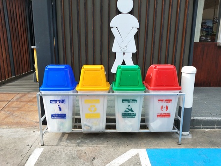 BANGKOK, THAILAND- October 19, 2019 : Colorful Recycle Bins For Collection Of Recycle Materials in public car parking Bangkok , Thailand.のeditorial素材