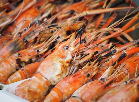 Grilled shrimp for sale on street market. Fresh barbecue prawns in seafood market.の写真素材