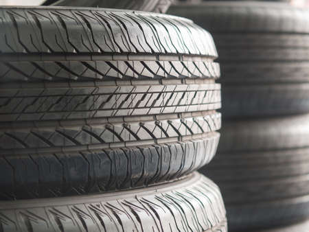 New Car Tires Close up, Tires for Sale at a Sire Store Shop.