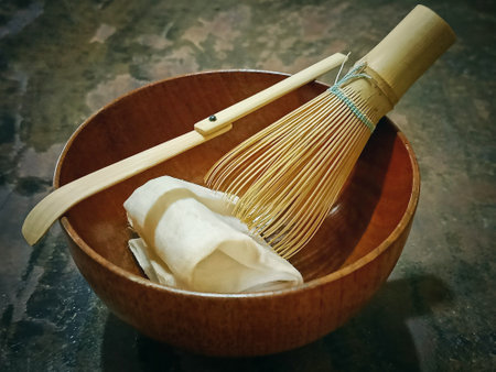 Matcha Bowl with Bamboo Whisk and Scoop. Green tea brewing equipment.の写真素材