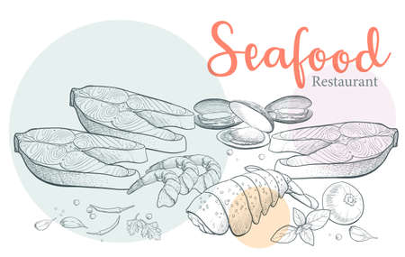 Seafood illustration hand drawn, vector vintage style. Retro sketchのイラスト素材